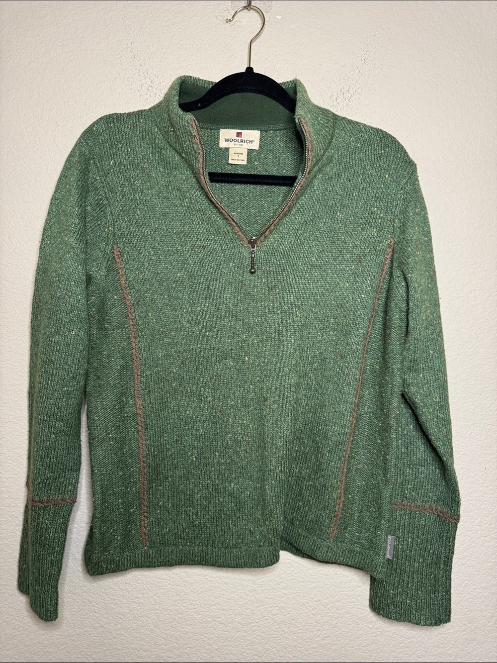 Woolrich Green Half-Zip Cowl Sweater with Subtle Tan Stitching - Picture 2 of 6